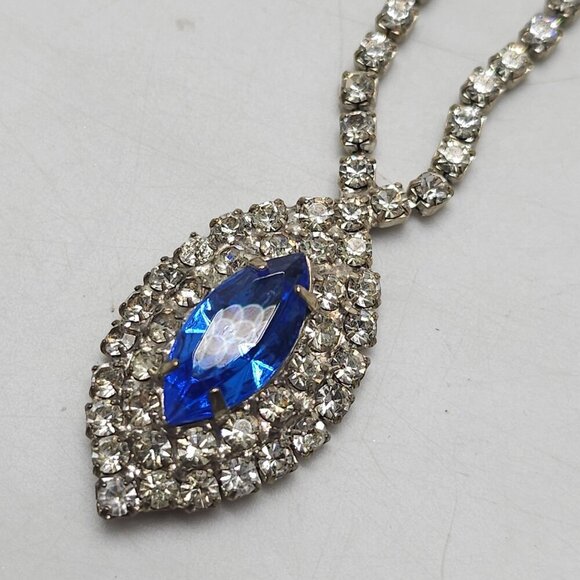 Vintage Silver Rhinestone Necklace With Blue Marquise Glass Pendant - Picture 3 of 6